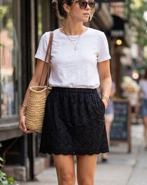 DKNY Black Cotton Eyelet Lace Mini Skirt Scalloped Hem Lined with Pockets Size L